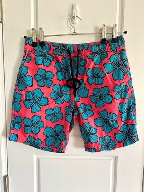 21 Men Pink Teal Hibiscus Floral Shorts Size 30 Tropical Summer Beach